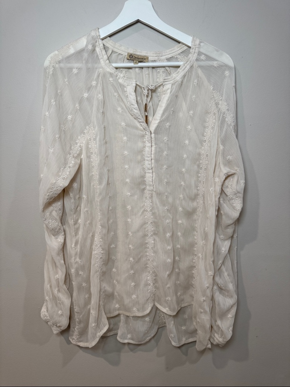 DAMAGE* Democracy Cream Sheer Boho Blouse Women’s Large Embroidered